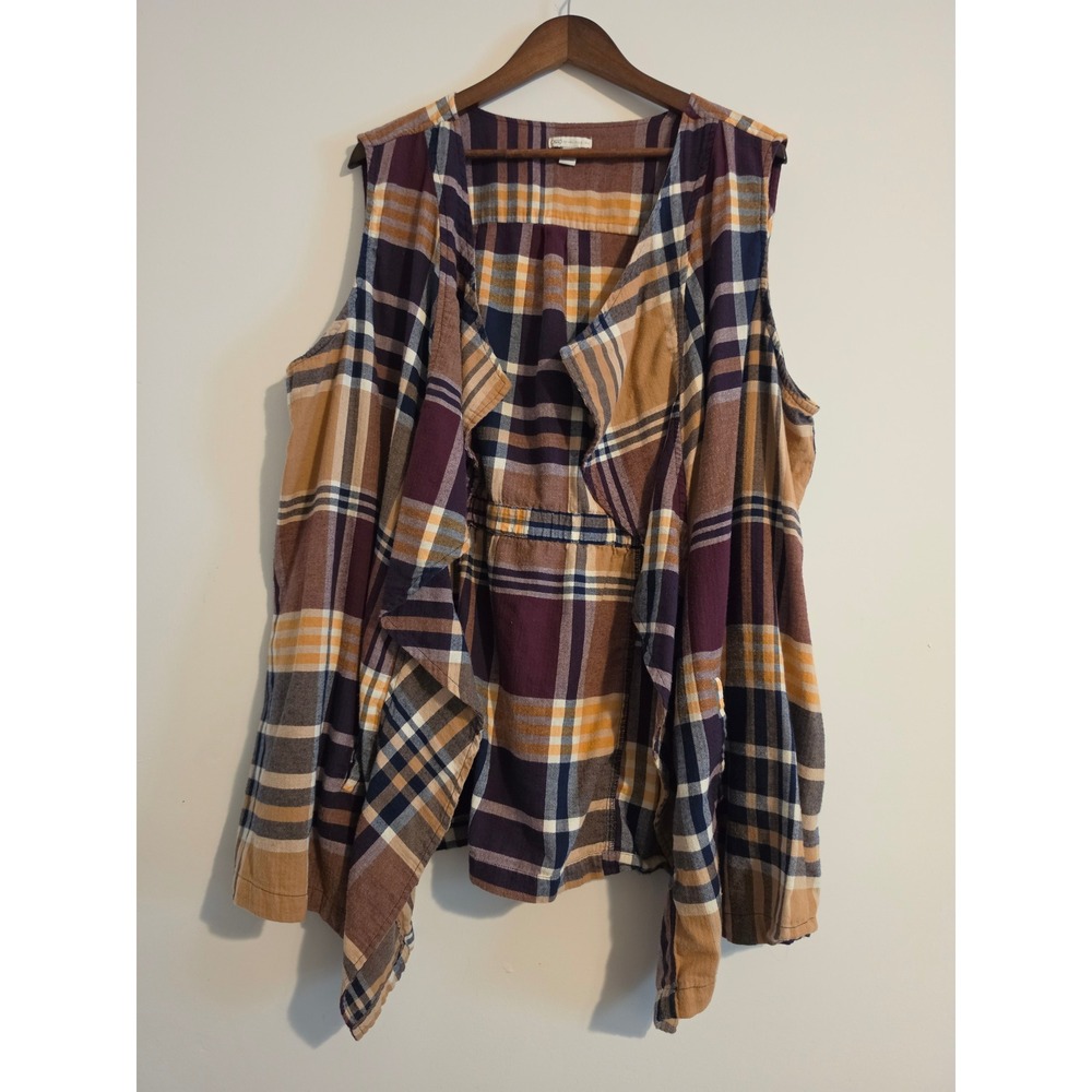 Cato Vest Women 26/28W Purple Plaid Cotton Draped Open Front Boho Layering Chic